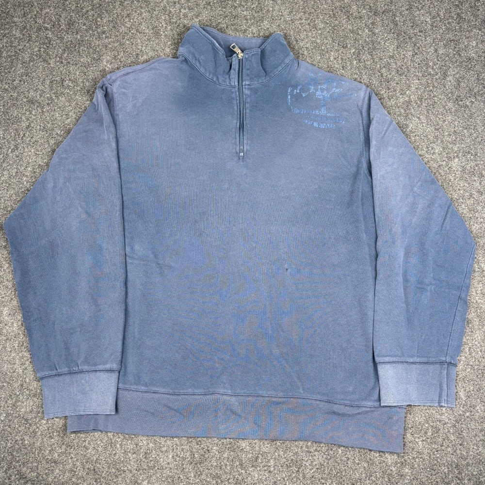 Timberland Mens XL Quarter Zip Sweatshirt Blue Faded Graphic Pullover Cotton